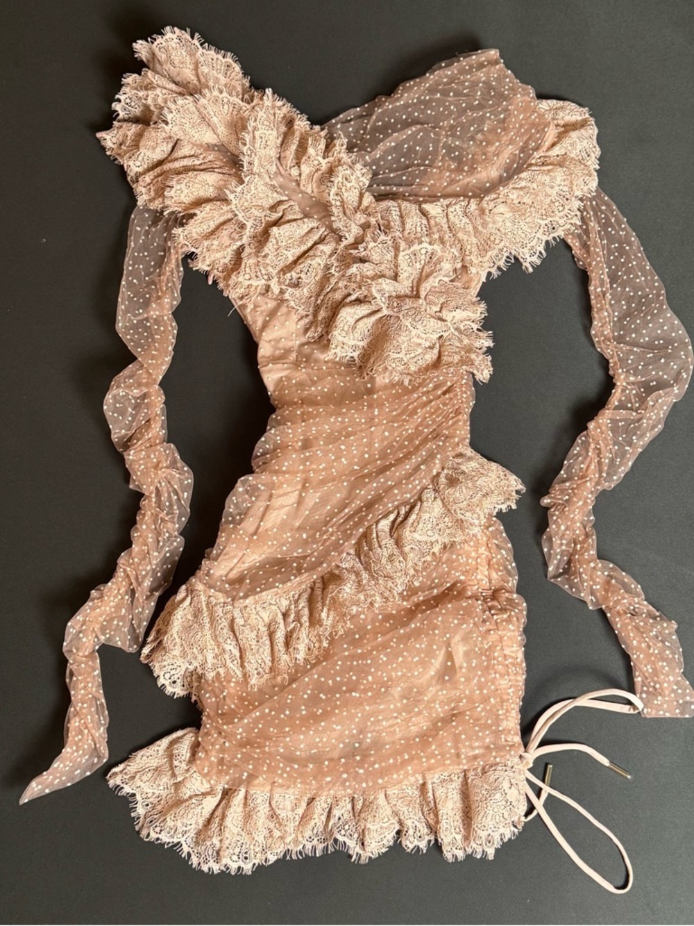House of CB Sorrel Blush Lace Frill Mini Dress XS Luxury Glam - Picture 3 of 6